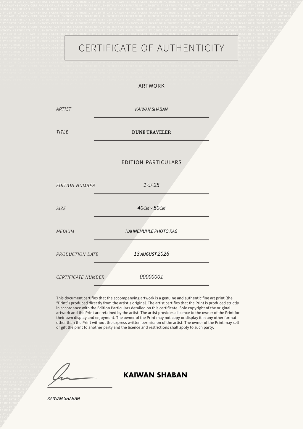 Dune Traveler — Certificate of Authenticity